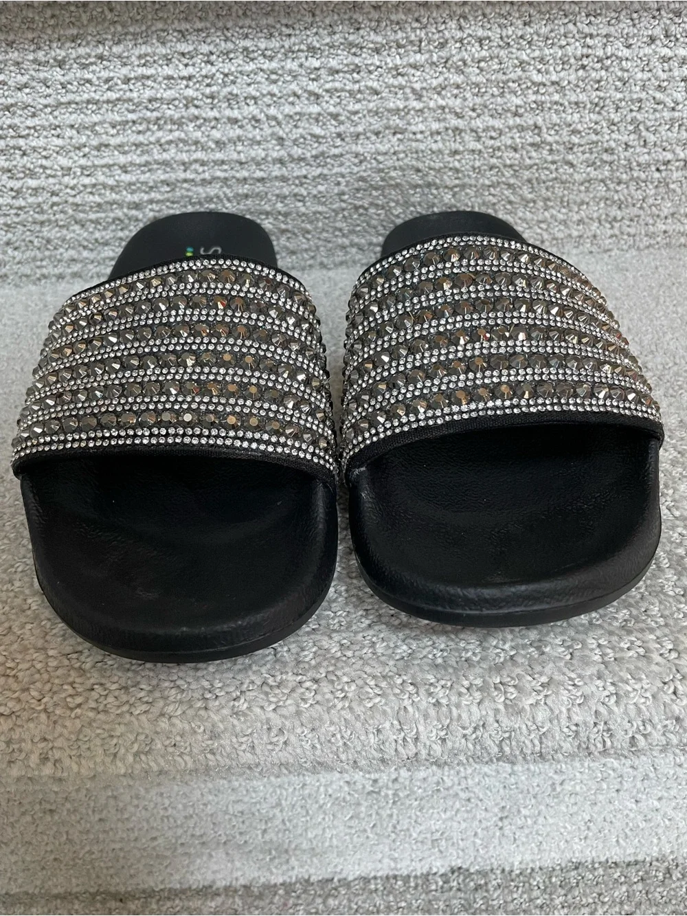 Skechers Black Cali Pop Ups Comfort Foot Bed Bling Sparkle Slides Sandals